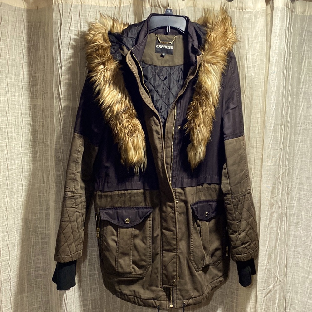 Express womens coat black and olive green with faux fur hood removable by zipper